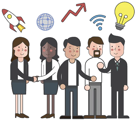 Cartoon of business people shaking hands and getting ideas - lightbulbs and rockets going off over their heads