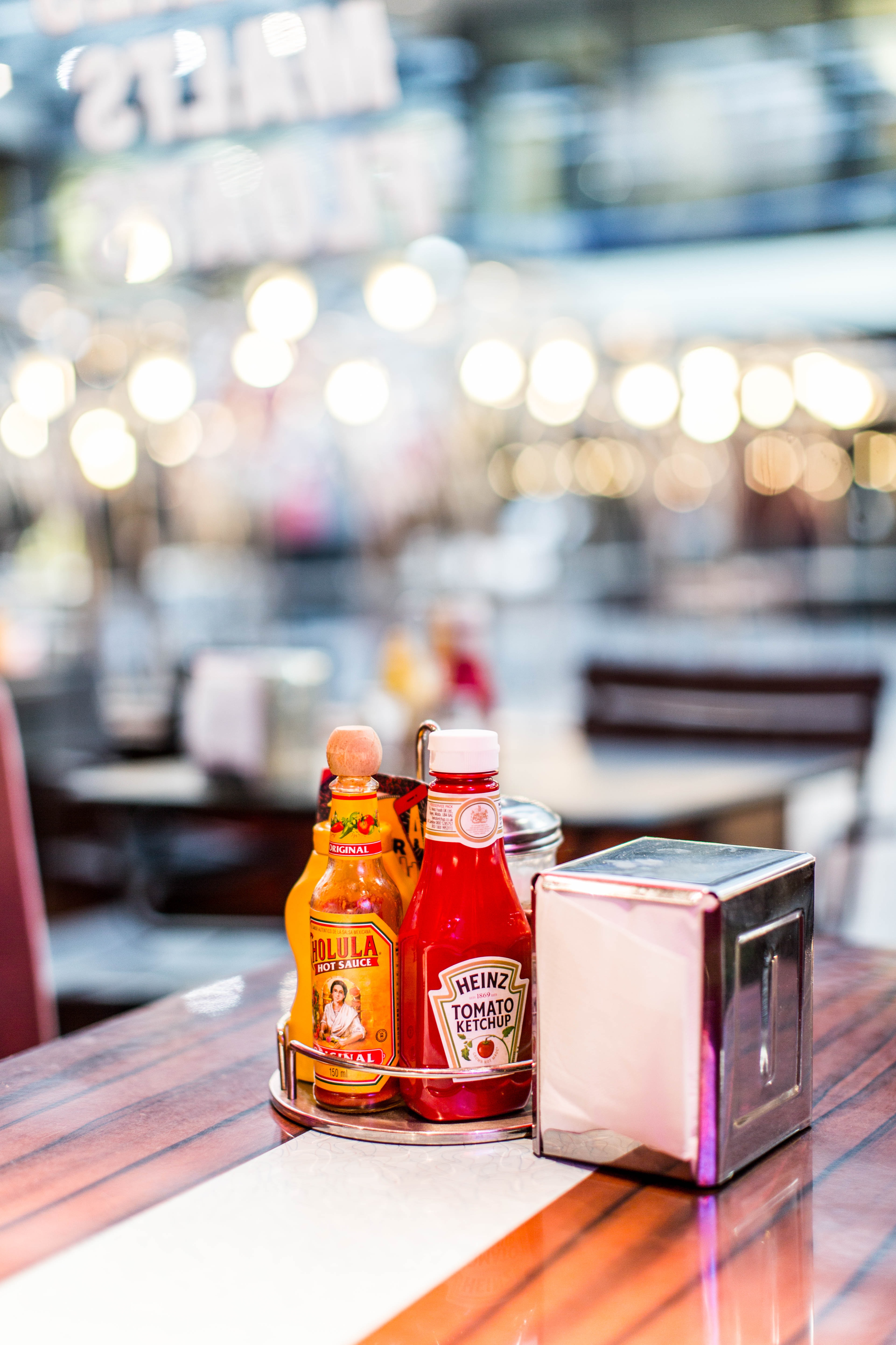 Condiments on a restaurant table