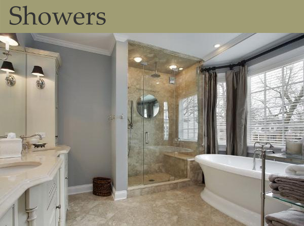 A lovely brown-and-white bathroom with a glass shower
