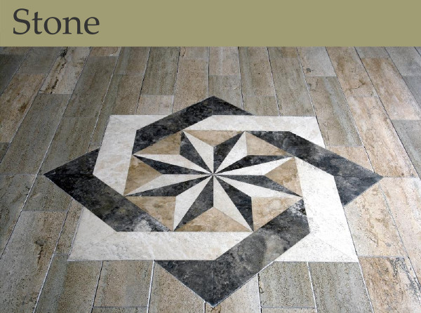 Dramatic stone artistry in black-and-white on a rustic brown floor